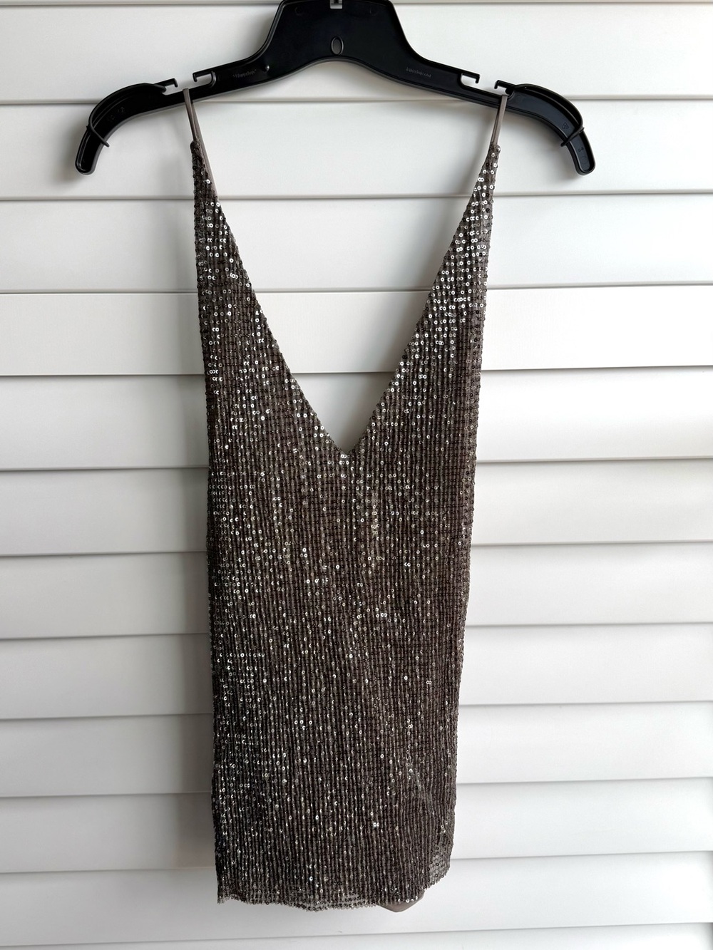 Express Metallic Taupe Sequin Top with Deep V and Open Back | Size